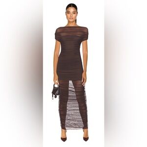 SEROYA Noel Off Shoulder Mesh Midi Dress in Ash Brown